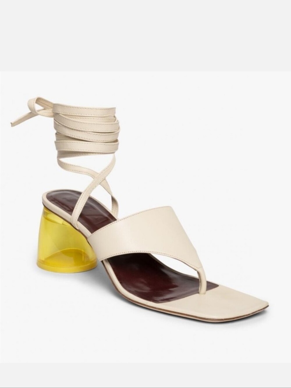 Staud Adora Lace-Up Leather Sandals Cream Yellow Resin Heel Size 37.5